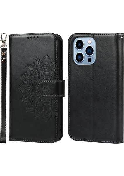 Iphone 13 Pro Telefon Kılıfı Doku Deseni Baskı Düşük Dikiş Tasarım Anti-Drop Pu Deri Cüzdan Kabuğu 6.1 Inç-Siyah (Yurt Dışından)