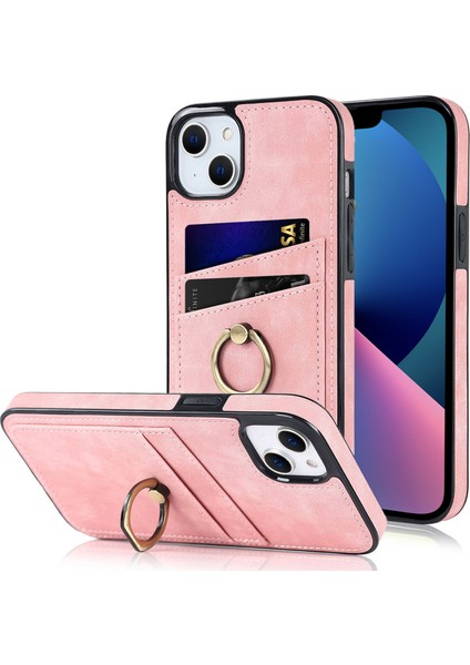 Iphone 13 Mini Telefon Kılıfı 5.4 Inç Retro Doku Kaplamalı Tpu Kılıf Kart Tutucu Damla Geçirmez Halka Tutucu Kickstand Telefon Kapak Pembe (Yurt Dışından)