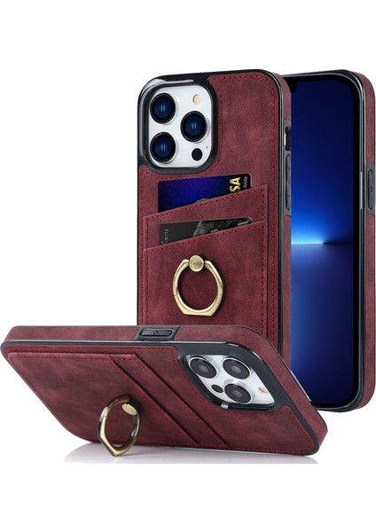 Iphone 13 Pro Max Telefon Kılıfı 6.7 Inç Retro Pu Derülü Kaplamalı Tpu Kasa Çizelge Anti-Çizelge Telefon Kapağı Ring Kickstand ve Card Tutucu-Kırmızı (Yurt Dışından)