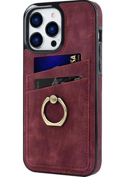 Iphone 13 Pro Max Telefon Kılıfı 6.7 Inç Retro Pu Derülü Kaplamalı Tpu Kasa Çizelge Anti-Çizelge Telefon Kapağı Ring Kickstand ve Card Tutucu-Kırmızı (Yurt Dışından) modelleri