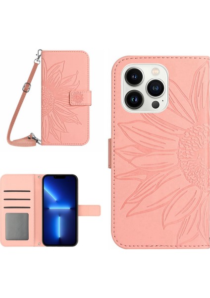 Iphone 13 Pro Max Telefon Kılıfı 6.7 Inç Pu Deri Cüzdan Kılıf Cilt Tahkisi Baskı Baskı Ayçiçeği Folio Flip Stand Telefon Kapağı Omuz Askısı Işığı Pembe (Yurt Dışından)
