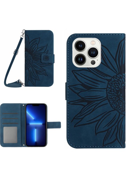 Iphone 13 Pro Max Telefon Kılıfı 6.7 Inç Pu Deri Cüzdan Kılıf Cilt Touch Baskı Baskısı Ayçiçeği Folio Flip Stand Telefon Kapağı Omuz Kayış-Dark Mavi (Yurt Dışından)