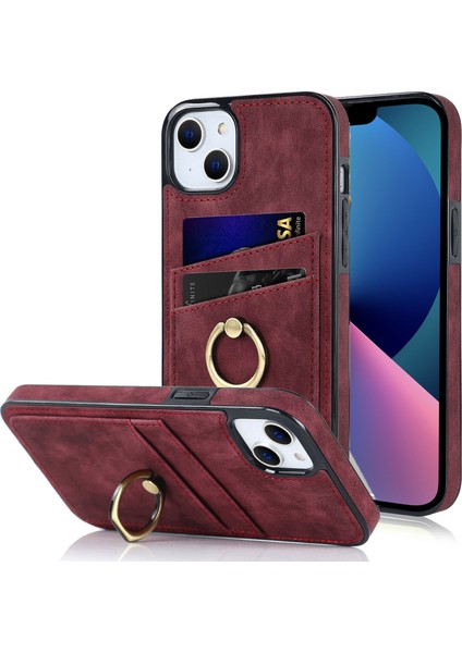 Iphone 13 Mini Telefon Kılıfı 5.4 Inç Retro Doku Deri Kaplamalı Tpu Kılıf Kartı Tutucu Damla Geçirmez Halka Tutucu Kickstand Telefon Kapak-Kırmızı (Yurt Dışından)