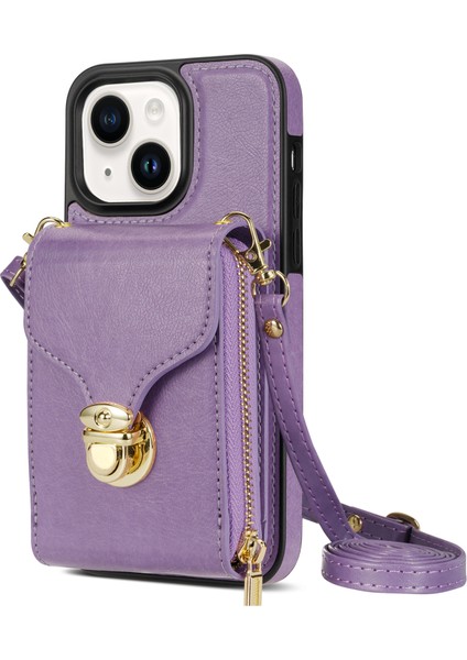Iphone 13 Mini Telefon Kılıfı Için 5.4 Inç Crossbody Kart Tutucu Pu Deri Kaplamalı Tpu Kickstand Fermuar Kapak-Moral (Yurt Dışından)