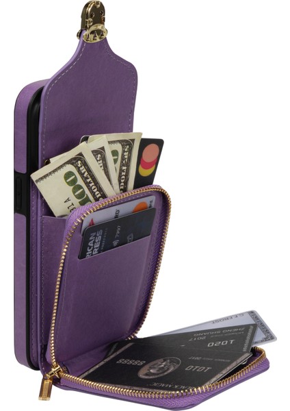 Iphone 13 Mini Telefon Kılıfı Için 5.4 Inç Crossbody Kart Tutucu Pu Deri Kaplamalı Tpu Kickstand Fermuar Kapak-Moral (Yurt Dışından) fiyatları