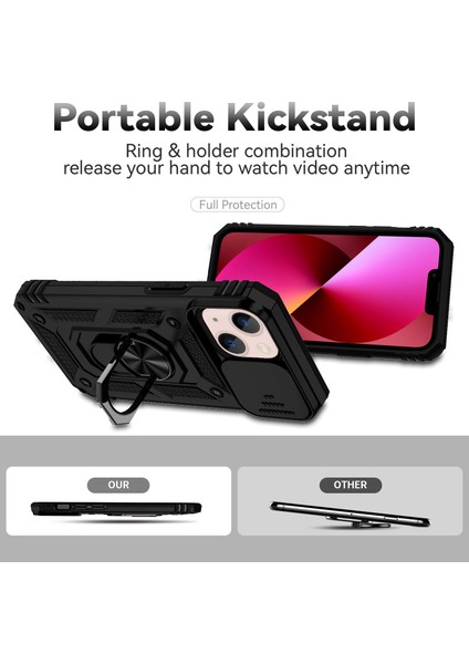 Iphone 13 Mini Telefon Kılıfı Için 5.4 Inç Cep Telefonu Kapak Slayt Kamera Koruma Yüzüğü Kickstand Hibrid Pc+Tpu-Black (Yurt Dışından) fiyatları