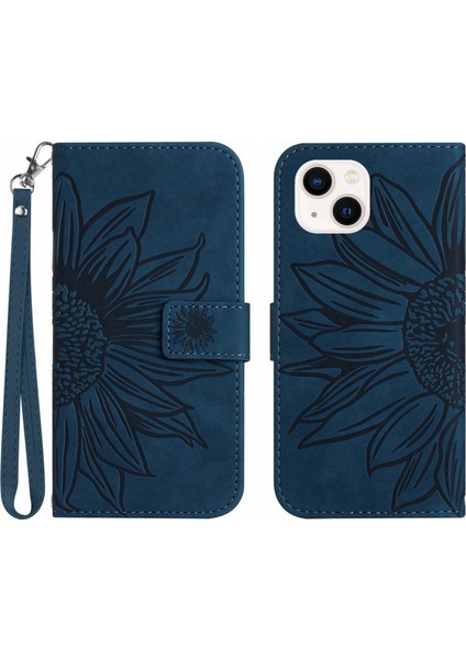 Iphone 13 Mini Telefon Kılıfı Için Cilt Touch Hissed Flip Strap-Dark Mavi ile Deri Deri Manyetik Cüzdan Kapağı (Yurt Dışından)