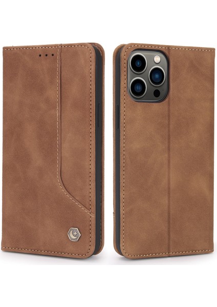 Iphone 13 Pro Telefon Kılıfı Otomatik Kapatma Manyetik Retro Pu Deri Flip Cüzdan Stand 6.1 Inç-Kahverengi (Yurt Dışından)