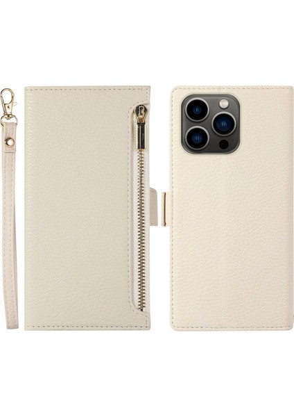 Iphone 13 Pro Telefon Kılıfı Için 6.1 Inç Zipper Cep Tasarımı Litchi Doku Anti-Çizelge Pu Deri Deri Kapak Cüzdan Strap-White (Yurt Dışından)