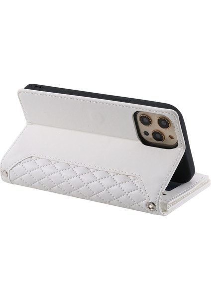 Iphone 13 Pro Max Telefon Kılıfı 6.7 Inç Düşme Koruması Fermuarı Pocket Rhombus Doku Pu Deri Deri Cüzdan Kapak Stand Strap Kart Tutucu-Beyaz (Yurt Dışından) fırsatları