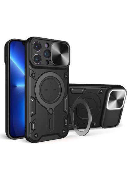 Iphone 13 Pro 6.1 Inç Slayt Kamera Kapağı Mobil Kılıf Ücretsiz Döndürme Kickstand Pc+Tpu Cover-Black (Yurt Dışından)