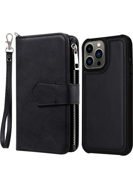 Iphone 13 Pro Telefon Kılıfı Pu Derisi ve Çıkarılabilir Tpu Flip Cüzdan Stand Zipper Tasarım Kabuğu 6.1 Inç-Black (Yurt Dışından)