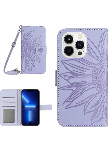 Iphone 13 Pro Max Telefon Kılıfı 6.7 Inç Pu Deri Cüzdan Kılıf Cilt Touch Baskı Baskısı Ayçiçeği Folio Flip Stand Telefon Kapağı Omuz Askısı Işığı ile (Yurt Dışından)