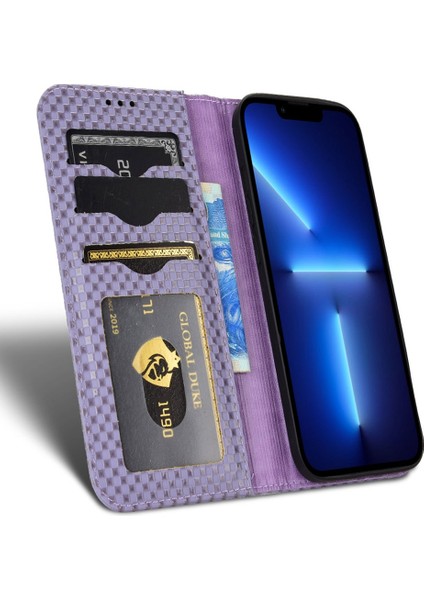 Iphone 13 Pro Max Telefon Kılıfı 6.7 Inç Pu Deri Telefon Flip Cüzdan Kılıfı Izgara Dokusu Manyetik Otomatik Absorlanmış Telefon Kapağı Koruyucu Kabuk Işığı Mor (Yurt Dışından) modelleri