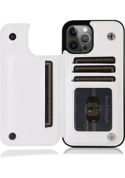Iphone 13 Pro Telefon Kılıfı Için Üst Düzey Pu Deri ve Tpu Çift Manyetik Düğmeler Çılgın At Dokusu Kickstand Card Tutucu 6.1 Inç-Beyaz (Yurt Dışından)