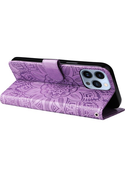 Iphone 13 Pro Max Telefon Kılıfı 6.7 Inç Ayçiçeği Baskılı Pu Deri Telefon Kılıfı Stand Manyetik Flip Kapak Strap-Purple ile (Yurt Dışından)