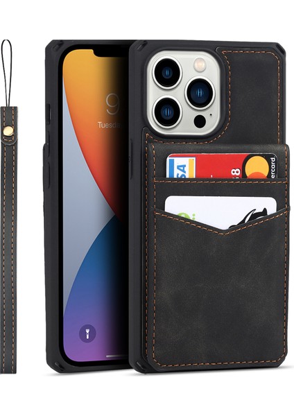 Iphone 13 Profesyonel Telefon Kılıfı Dikey Flip Kart Yuvaları Tasarım Düğmesi Kapatma Cilt-Touch Iyi Korumalı Pu Deri Kaplamalı Tpu Kickstand 6.1 Inç-Siyah (Yurt Dışından)