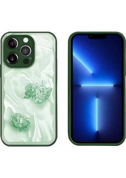 Iphone 13 Pro Max Telefon Kılıfı 6.7 Inç Gül Deseni Temperli Cam+Tpu Kapak Bırak-Kötü Telefon Kılıf Yeşili (Yurt Dışından)