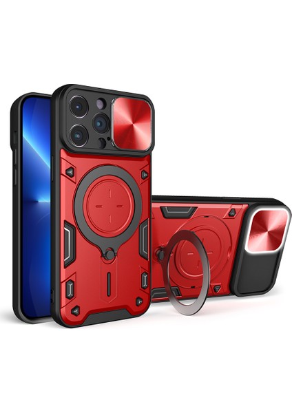 Iphone 13 Pro 6.1 Inç Slayt Kamera Lid Mobil Kılıf Ücretsiz Döndürme Kickstand Pc+Tpu Kapak-Kırmızı (Yurt Dışından)