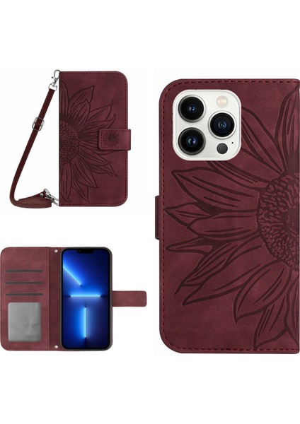 Iphone 13 Pro Max Telefon Kılıfı 6.7 Inç Pu Deri Cüzdan Kılıf Cilt Tahkisi Baskı Baskı Ayçiçeği Folio Flip Stand Telefon Kapağı Omuz Kayışı Kırmızısı (Yurt Dışından)