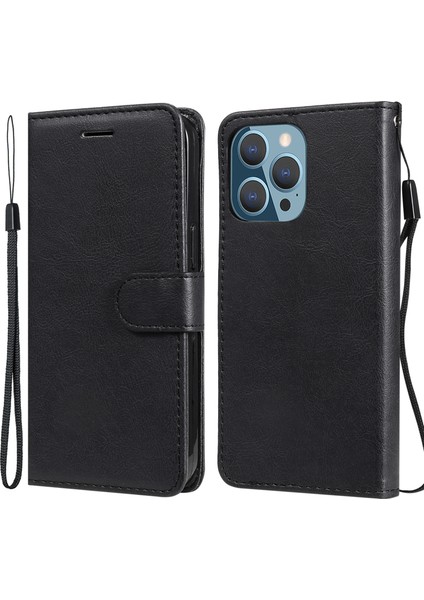 Düz Renkli Pu Deri Telefon Kasası Cüzdan Standı Kabuğu iPhone 13 Pro 6.1 Inç-Siyah Için Kayış (Yurt Dışından)