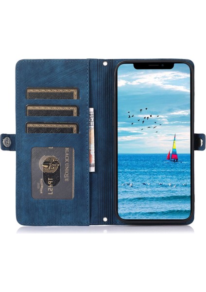 Iphone 13 Pro Max Telefon Kılıfı 6.7 Inç Çok Fonksiyonlu 9 Kart Yuvaları Stand Koruyucu Kapak Pu Deri Cüzdan Kılıfı Fermuar Cep ve Bilek Kayış Mavisi (Yurt Dışından)