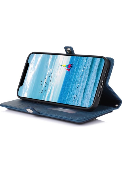 Iphone 13 Pro Max Telefon Kılıfı 6.7 Inç Çok Fonksiyonlu 9 Kart Yuvaları Stand Koruyucu Kapak Pu Deri Cüzdan Kılıfı Fermuar Cep ve Bilek Kayış Mavisi (Yurt Dışından)