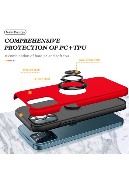 Iphone 13 Pro Telefon Kılıfı Için Ring Kickstand Anti-Drop Sert Pc Geri ve Yumuşak Tpu Kenarı Şok Geçirmez Koruyucu Kılıf 6.1 Inç-Kırmızı (Yurt Dışından) fırsatları