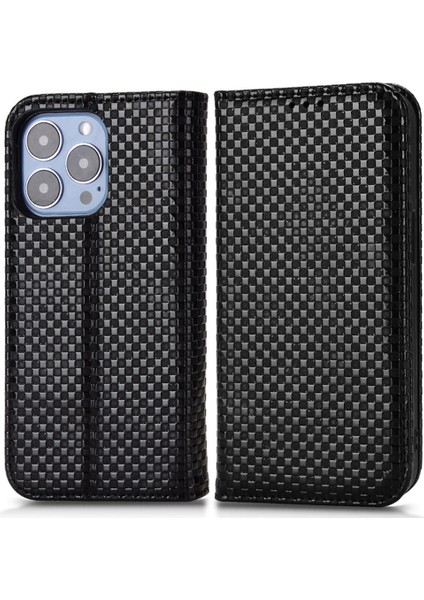 Iphone 13 Pro Max Telefon Kılıfı 6.7 Inç Pu Deri Telefon Flip Cüzdan Kılıfı Izgara Dokusu Manyetik Otomatik Absorlanmış Telefon Kapağı Koruyucu Kabuk Black (Yurt Dışından)