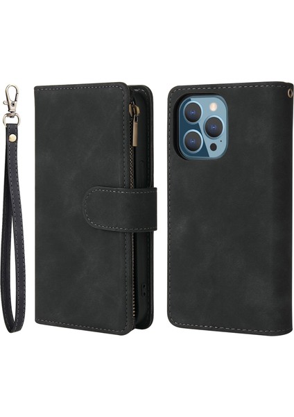Iphone 13 Pro Telefon Kılıfı 6.1 Inç Zipper Cep Tasarımı Pu Deri Cep Telefonu Cüzdan Stand Kapağı Çok Kart Yuvaları Damla Geçirmez Kılıf Kılıfı (Yurt Dışından)