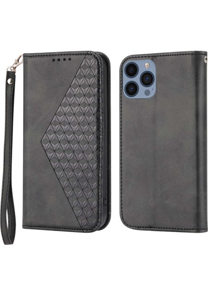 Iphone 13 Pro Max Telefon Kılıfı 6.7 Inç Manyetik Anti-Fingerprint Buzağı Dokusu Pu Deri Kılıf Cüzdan Baskılı Rhombus Desen Telefon Stand Kapağı Strap-Black (Yurt Dışından)