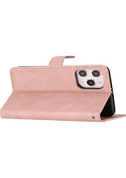 Iphone 13 Pro Telefon Kılıf Cüzdanı Için 6.1 Inç Çizgiler Baskılı Anti-Drop Stand Kılıfı Çılgın At Doku Pu Deri Kapak Strap-Rose Gold (Yurt Dışından) modelleri