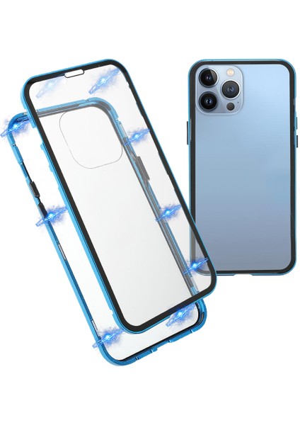 Iphone 13 Pro Telefon Kılıfı 6.1 Inç Metal Tampon+Çift Sandalı Temperli Cam Anti-Peep Manyetik Koruyucu Kapak Mavisi (Yurt Dışından)