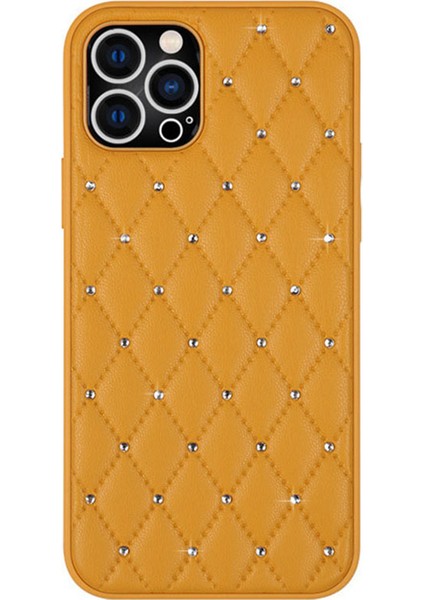 Iphone 13 Pro Max Telefon Kılıfı Koruyucu Kılıf 6.7 Inç Anti-Fall Rhinestone Dekor Rhombus Doku Pu Deri+Tpu Telefon Kapağı Geri Kabuk-Sarı (Yurt Dışından)