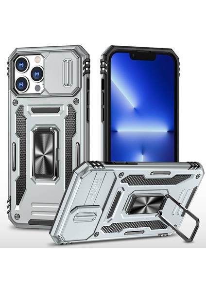 Iphone 13 Pro Max Telefon Kılıf Önleme Önleme Önleyici Telefon Geri Kapak 6.7 Inç Pc+Tpu Yüzük Kickstand Slayt Kamera Kapağı Cep Telefonu Kabuk Grey (Yurt Dışından)
