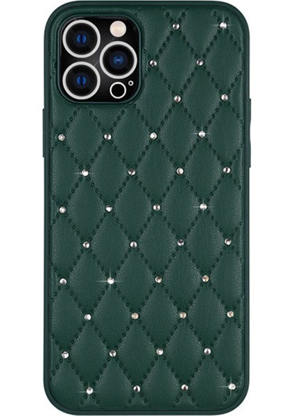 Iphone 13 Pro Telefon Kılıfı Koruyucu Kılıf 6.1 Inç Rhinestone Dekor Rhombus Doku Pu Deri+Tpu Şok Geçirmez Geri Kabuk-Yeşil (Yurt Dışından)
