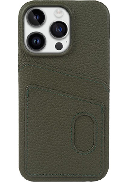 Iphone 13 Pro Max Telefon Kılıfı Için Litchi Doku Telefon Kılıfı Çift Kart Yuvaları Orijinal Cowhide Deri+Pc Kapak Yeşili (Yurt Dışından)