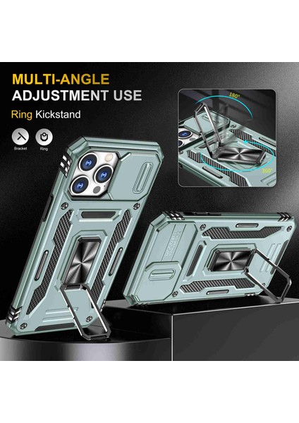 Iphone 13 Pro Telefon Kılıfı 6.1 Inç Slayt Kamera Kapağı Önlük Önleyici Pc+Tpu Yüzük Kickstand Cep Telefonu Kabuk Yeşili (Yurt Dışından) fırsatları