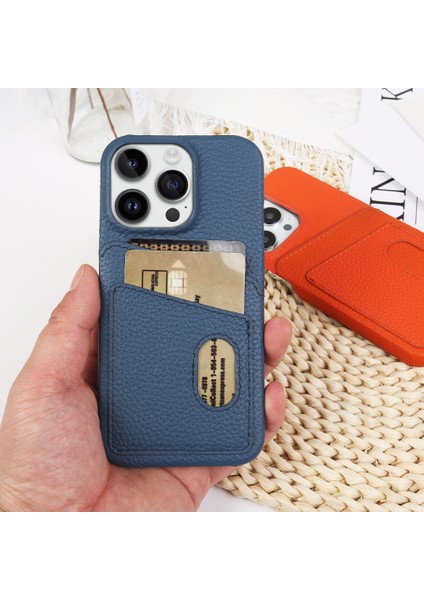 Iphone 13 Pro Max Telefon Kılıfı Için Litchi Doku Telefon Kılıfı Çift Kart Yuvaları Orijinal Cowhide Deri+Pc Kapak Yeşili (Yurt Dışından)