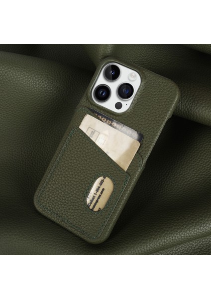 Iphone 13 Pro Max Telefon Kılıfı Için Litchi Doku Telefon Kılıfı Çift Kart Yuvaları Orijinal Cowhide Deri+Pc Kapak Yeşili (Yurt Dışından)