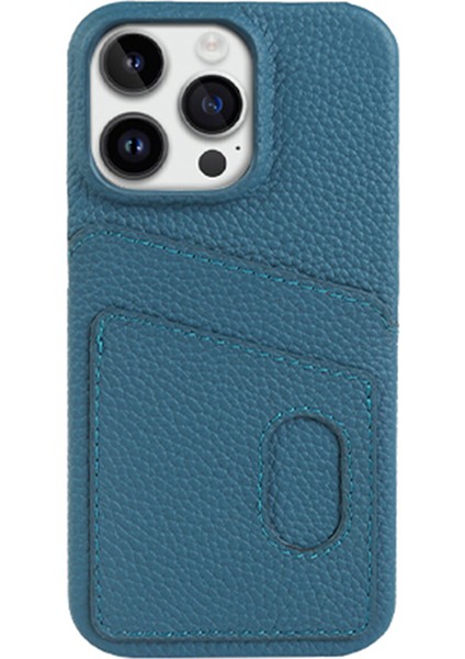 Iphone 13 Pro Max Telefon Kılıfı Için Litchi Doku Telefon Kılıfı Çift Kart Yuvaları Orijinal Cowhide Deri+Pc Kapak Mavisi (Yurt Dışından)