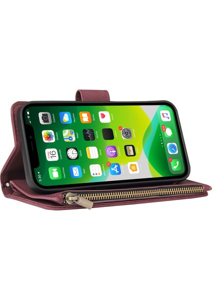 Iphone 13 Mini Telefon Kılıfı Için 5.4 Inç Pu Deri Telefon Cüzdan Stand Kapağı Çok Kart Yuvaları Fermuar Cep Kırmızılı Damla Geçirmez Kılıf (Yurt Dışından) modelleri