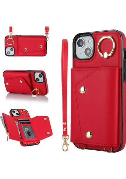Iphone 13 Mini Pu Deri Kaplamalı Tpu Döner Yüzük Kickstand Telefon Kasa-Kırmızı Için Fermuarlı Cüzdan Telefon Kapağı (Yurt Dışından)