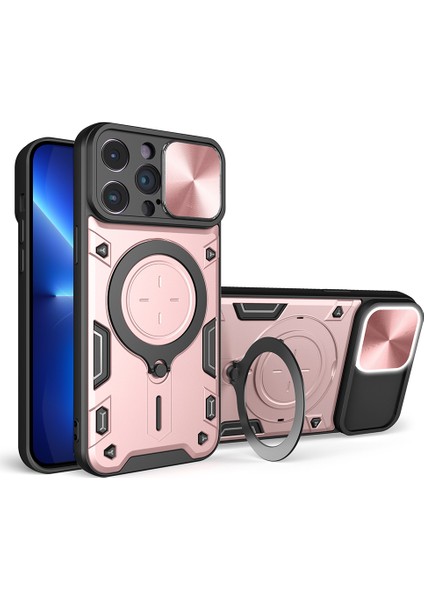 Iphone 13 Pro 6.1 Inç Slayt Kamera Lid Mobil Kılıf Ücretsiz Döndürme Kickstand Pc+Tpu Kapak Pembe (Yurt Dışından)