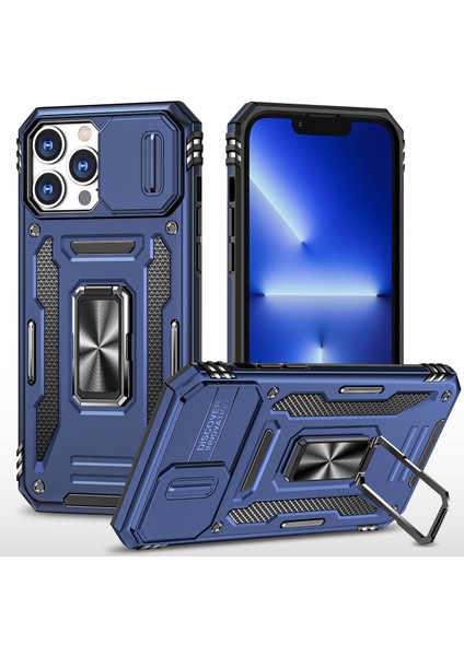 Iphone 13 Pro Max Telefon Kılıf Önleme Önleme Önleyici Telefon Geri Kapak 6.7 Inç Pc+Tpu Yüzük Kickstand Slayt Kamera Kapak Cep Telefonu Kabuk Mavisi (Yurt Dışından)
