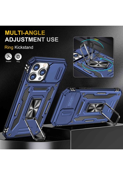 Iphone 13 Pro Max Telefon Kılıf Önleme Önleme Önleyici Telefon Geri Kapak 6.7 Inç Pc+Tpu Yüzük Kickstand Slayt Kamera Kapak Cep Telefonu Kabuk Mavisi (Yurt Dışından)