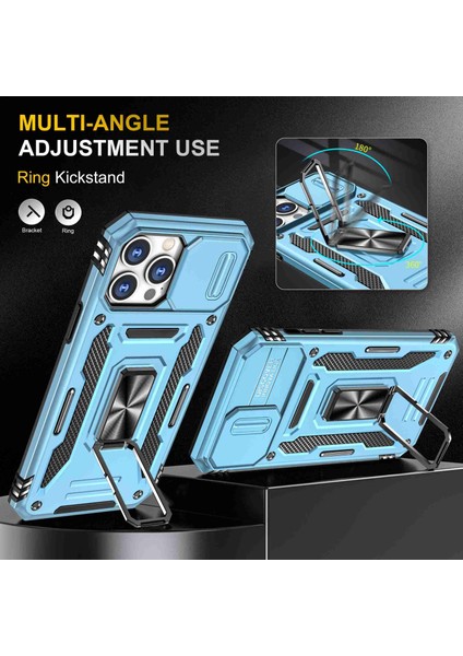 Iphone 13 Pro Max Telefon Kılıfı Önleme Önleyici Anti-Fingerprint Telefon Geri Kapak 6.7 Inç Pc+Tpu Ring Kickstand Slayt Kamera Kapak Cep Telefonu Kabuk Işık Mavi (Yurt Dışından) fırsatları