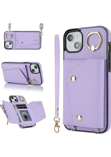 Forestl Digital Iphone 13 Mini Telefon Kılıfı Için Zipper Cüzdan Telefon Kapağı Pu Deri Kaplamalı Tpu Döner Yüzük Kickstand-Purple (Yurt Dışından)