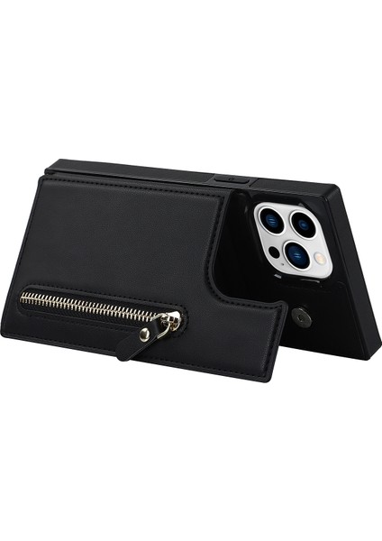 Iphone 13 Pro Max Telefon Kılıfı Anti-Drop 6.7 Inç Şok Geçirmez Cüzdan Kılıfı Tpu Pu Deri Koruyucu Kapak Fermuarlı Kese/omuz Kayış-Siyah (Yurt Dışından) modelleri