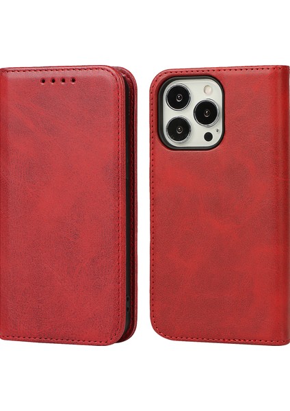 Stand Cüzdan Deri Telefon Flip Case Koruyucu Kapak Iphone 13 Pro 6.1 Inç-Kırmızı (Yurt Dışından)